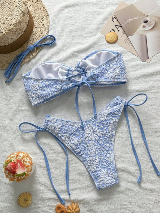 Swimwear Solid Color Floral Patterned Fabric Bikini Sexy Lace up Bandeau Bikini
