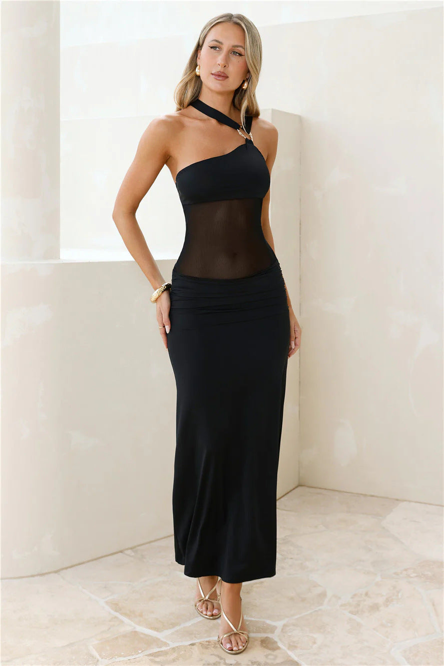 Women Clothing Summer Irregular Asymmetric Shoulder Wrapped Chest Slim Mesh Stitched Backless Niche Dress