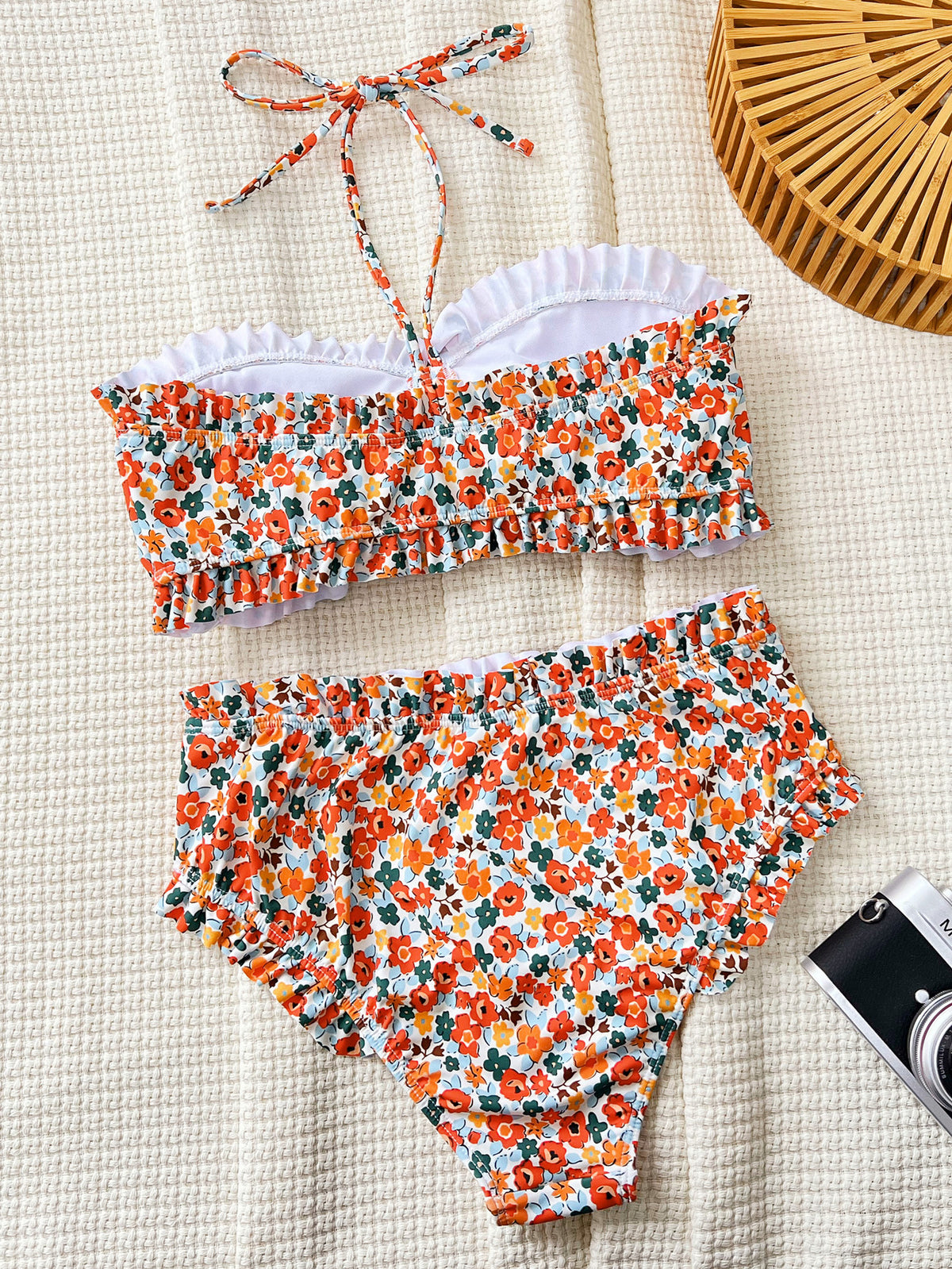 Bikini Split Swimsuit Floral Print Pleated Lace Tube Top Triangle Bikini