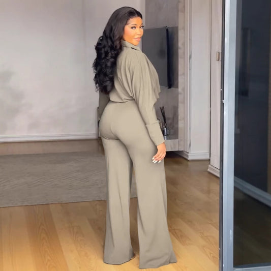 Elegant Office Casual V Shaped Collared Long Sleeve Stretch Slim Fit Two Piece Sets