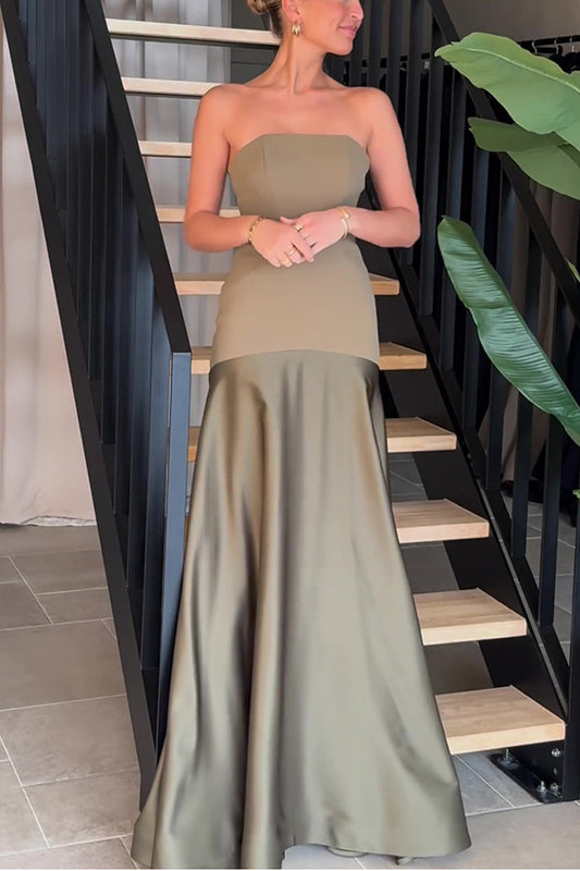 Summer Sexy Tube Top Satin Sleeveless Stitching Solid Color Dress