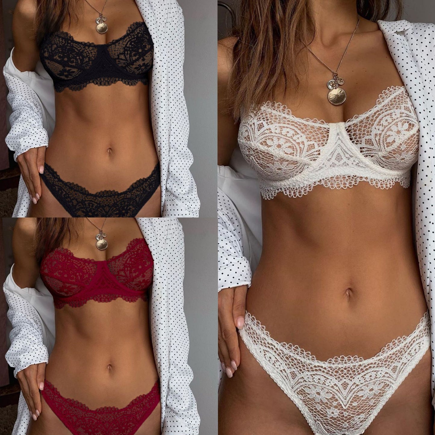 Lace Sexy Lingerie Set Solid Color Eyelash Lace