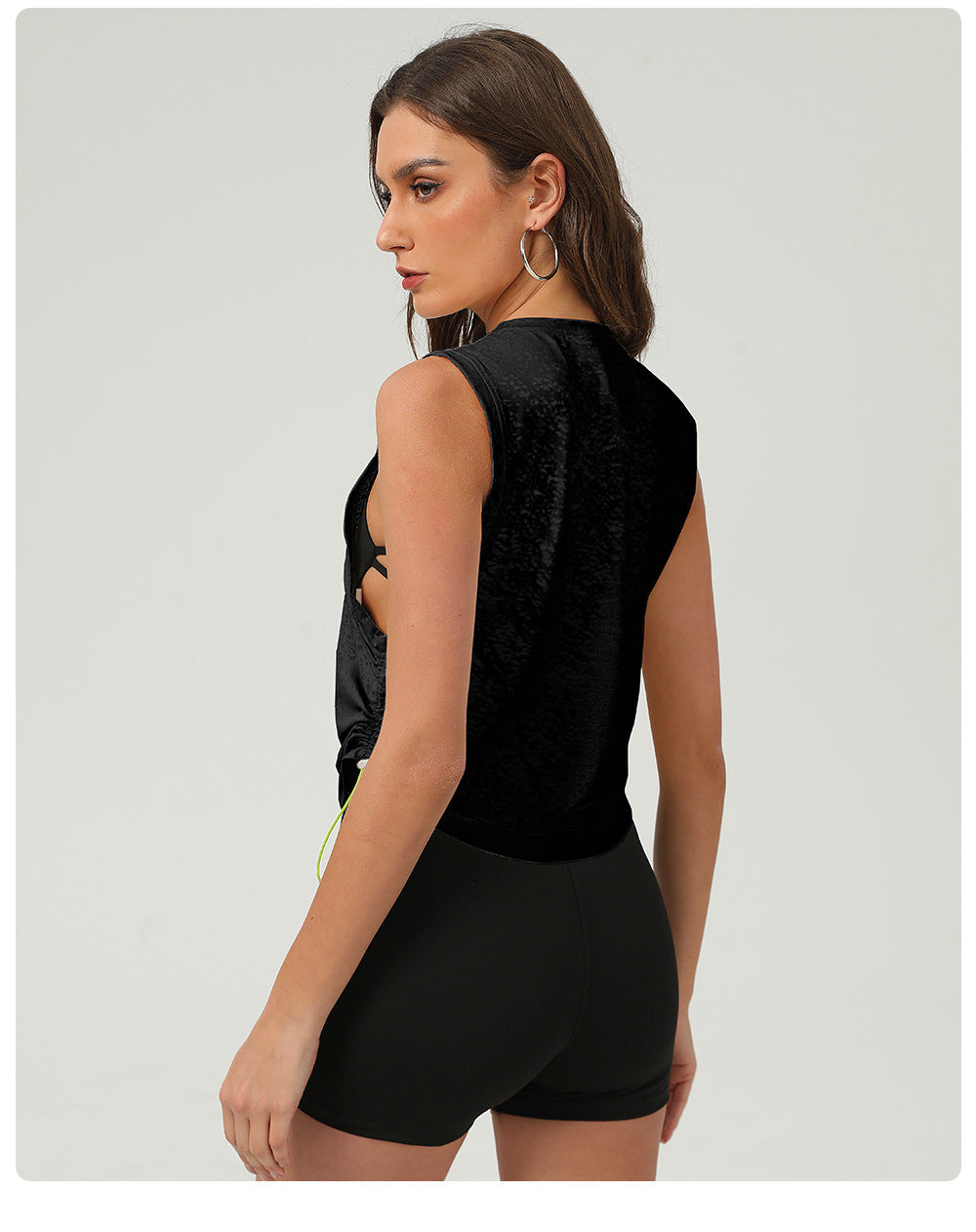 Breathable Yoga Exercise Vest Women Summer Loose round Neck Sleeveless Sports Top Drawstring at Hem Jacquard Blouse