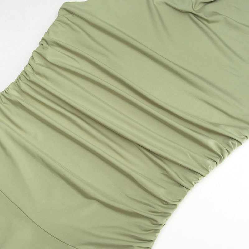 Round Neck Pullover Sleeveless Slim Fit Pleating Short Irregular Asymmetric Solid Color Dress