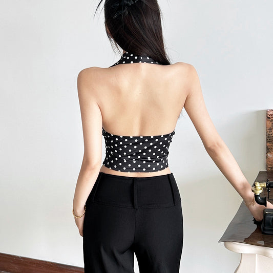 Summer Women Clothes Polka Dot Halterneck Vest Women Sports Slim All Matching Straight Pants
