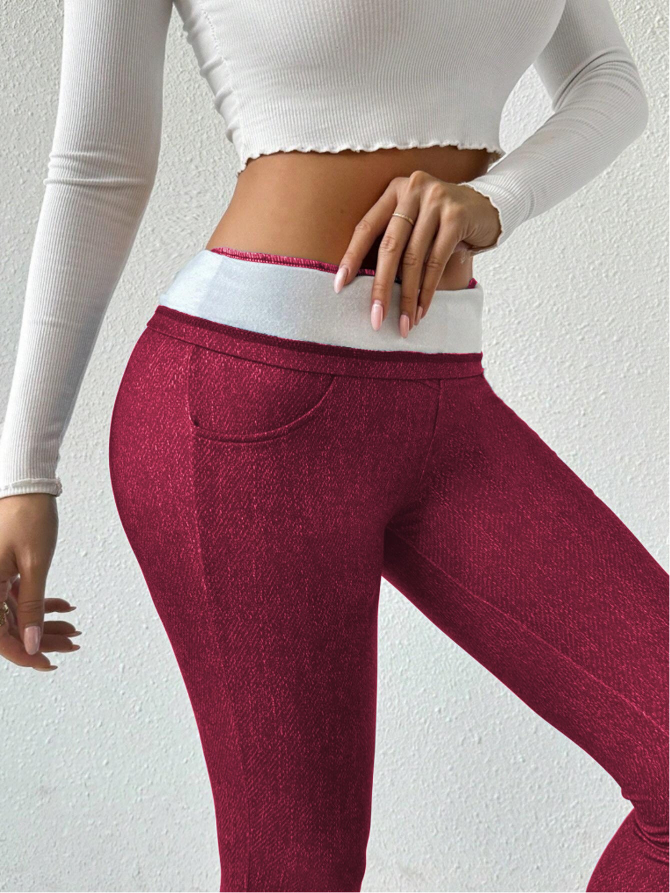 Artificial Denim Casual Pants Women High Waist Slimming Fleece Lined Padded Warm Keeping Hip Lifting with Pocket Commuting