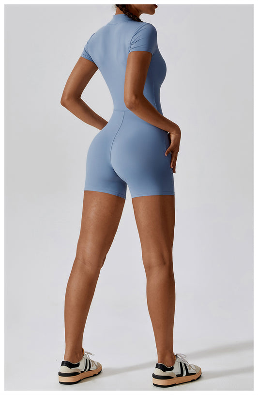 Summer Zipper Short Sleeve Yoga Jumpsuit Women Dance Fitness Tight Sports Jumpsuit