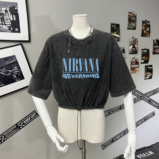 Trendy Age Reducing Pure Cotton Retro Washed Distressed All Matching Drawstring Short Simple Short-Sleeved T shirt Women