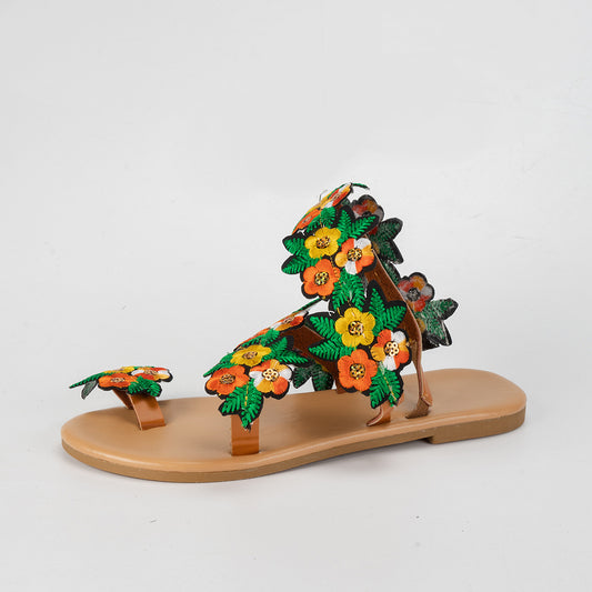 Plus Size Toe Covering Floral Flat Sandals Women Bohemian Vacation Beach Sandals