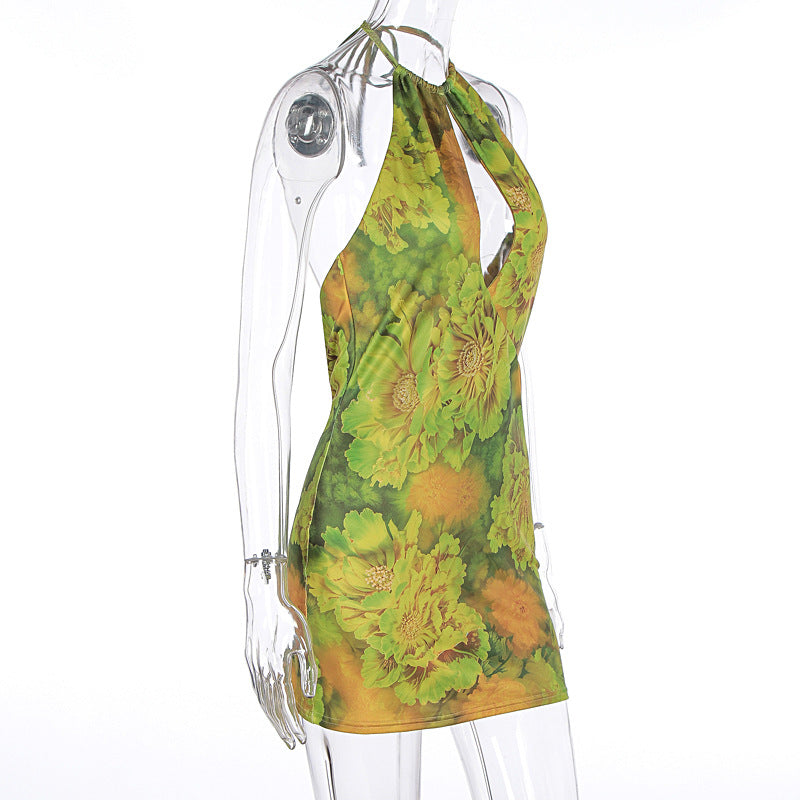 Women Clothing Spring Summer Sexy Hollow Out Cutout Backless Lace Printing Hip Dress