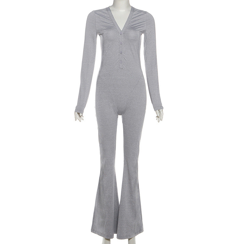 Women Clothing Autumn Solid Color V neck Button Tight Long Sleeve High Waist Micro Pull Jumpsuit