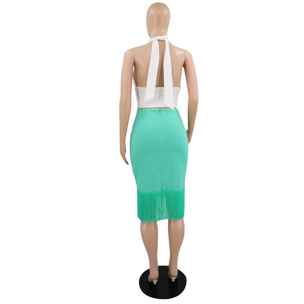 Women Halter Short Top Sheath Tassel Skirt Two Piece Set
