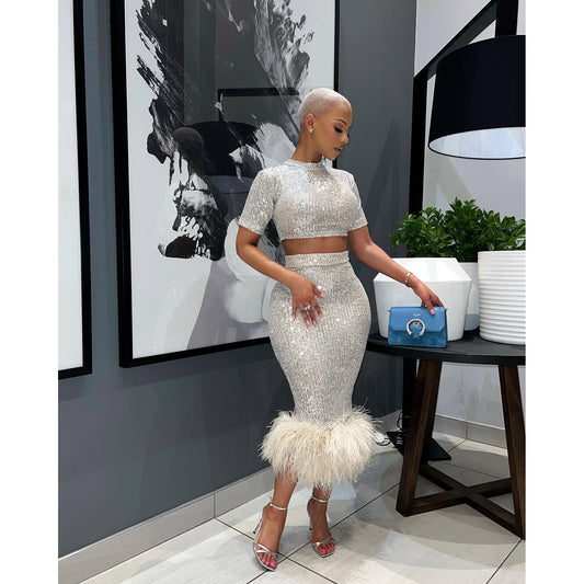 Women Fashionable Sequ Short Sleeve Sheath Sexy Feather One Step Skirt