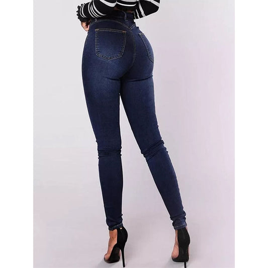 High Waist Casual Jeans Trousers Trendy Double Row Multi Button Slim Stretch Jeans Women