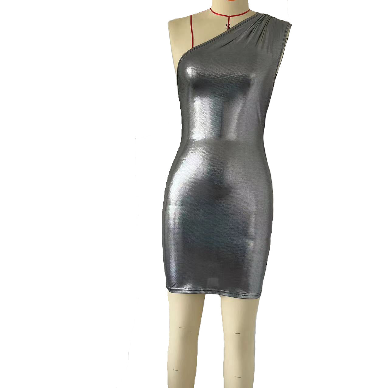 Women One Shoulder Asymmetric Metallic Sheath Sexy Night Club Sleeveless Dress