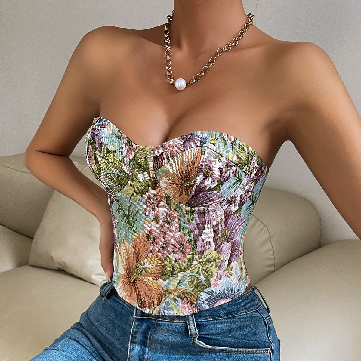 Retro Floral Niche Sling French Court Waist Girdling Band Adjustable Tube Top