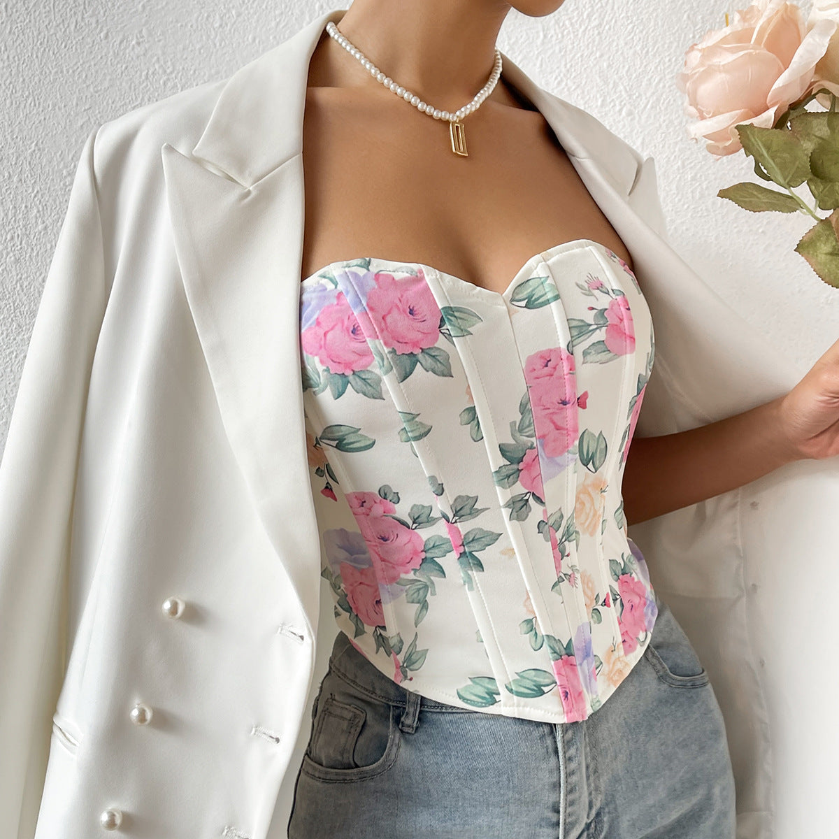 Sexy Low Cut Backless Floral Wrapped Chest Rhombus Boning Corset Boning Corset Waist Vest