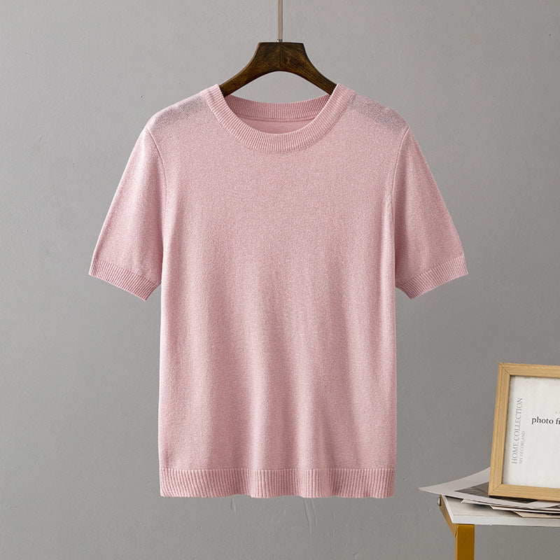 Women Clothing Summer Bright Silk Slim Fit Slimming Short Sleeved Sweater Pullover Top T shirt Bottoming Shirt