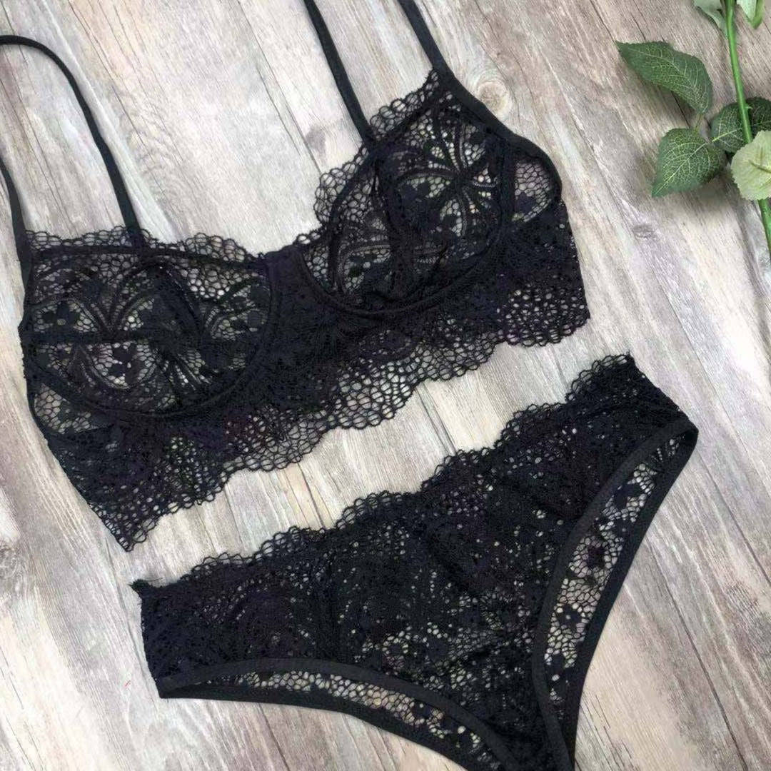 Lace Sexy Lingerie Set Solid Color Eyelash Lace