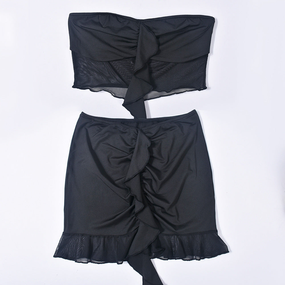 Women Clothing Spring Corset Mesh See through Sexy Skirt Set