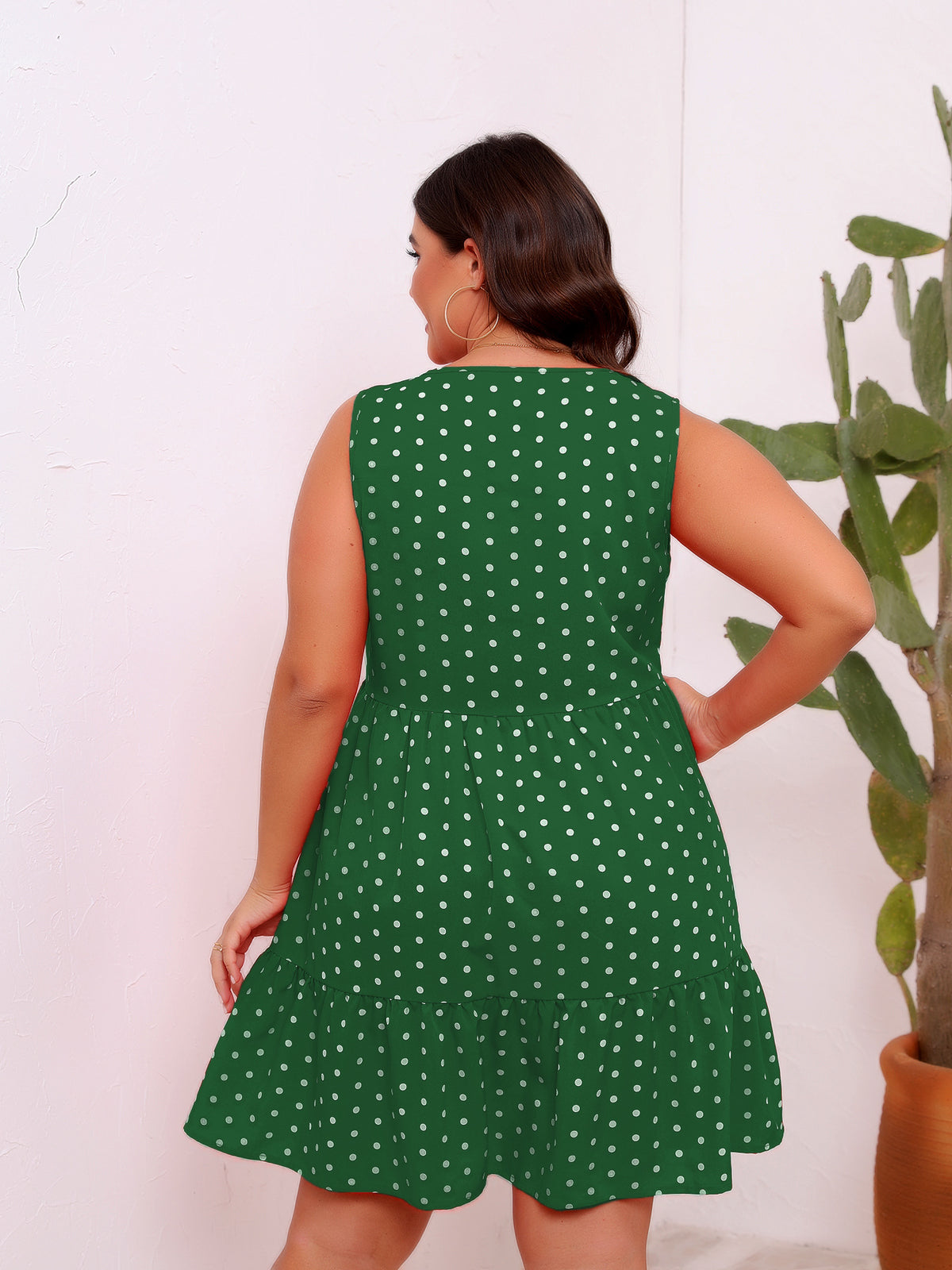 Round Neck Sleeveless Polka Dot Loose Fitting Large Hem Ruffled Dress