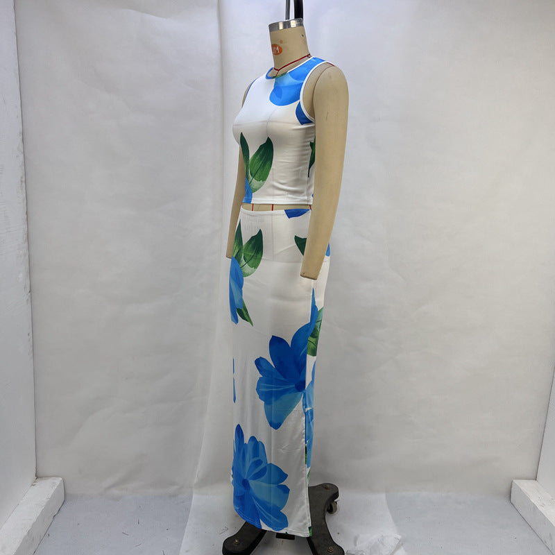 Summer Casual Printed Cropped Tank Top Sheath Slim Fit Skirt Set Women