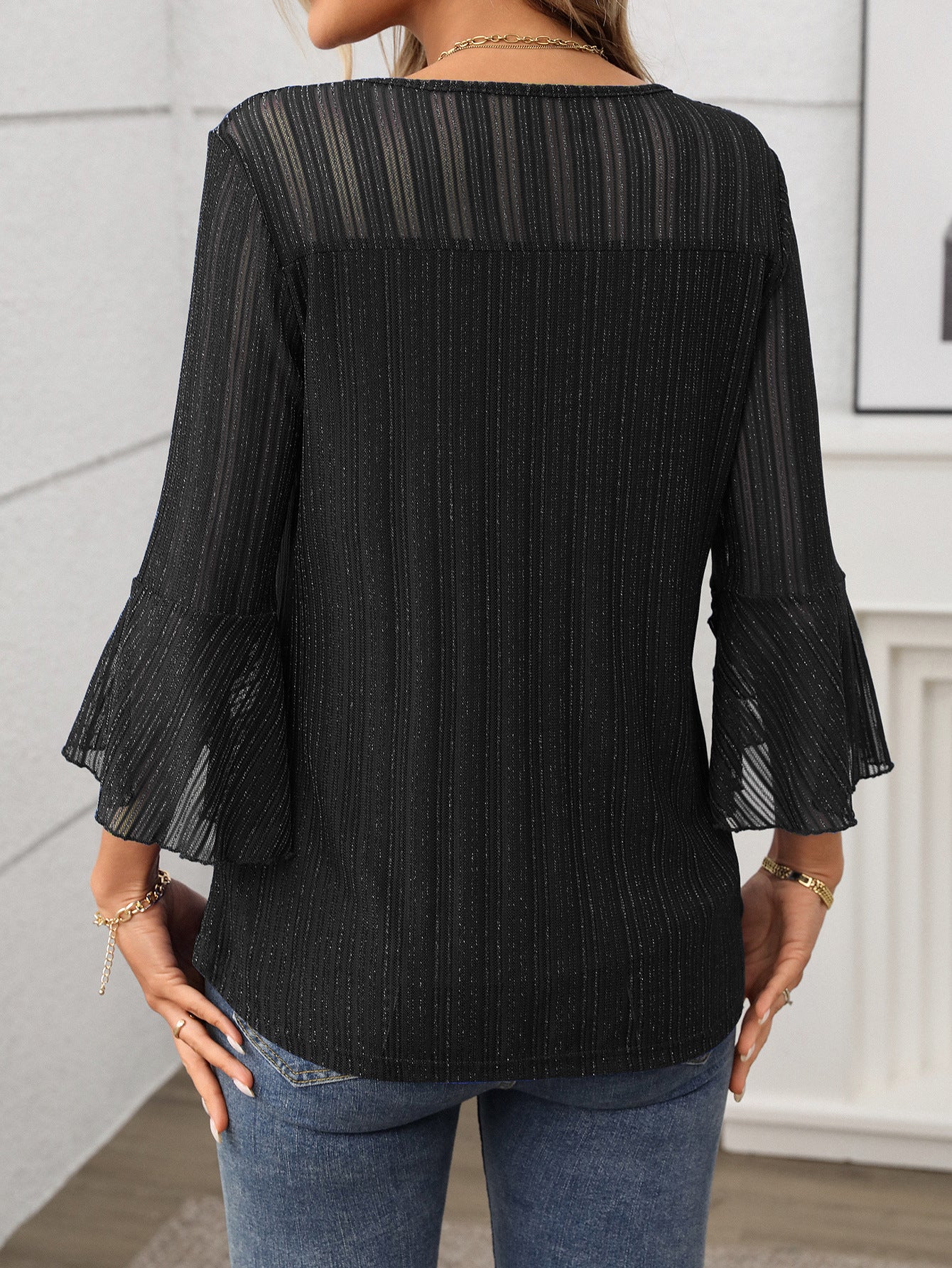 Women Clothing Elegant round Neck Ruffle Sleeve Shiny Mesh Top