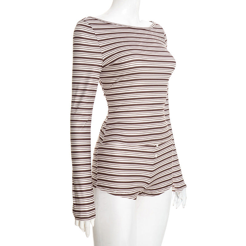 Women Clothing Autumn Winter Elegant Casual Striped Long Sleeved Top Short Shorts Set