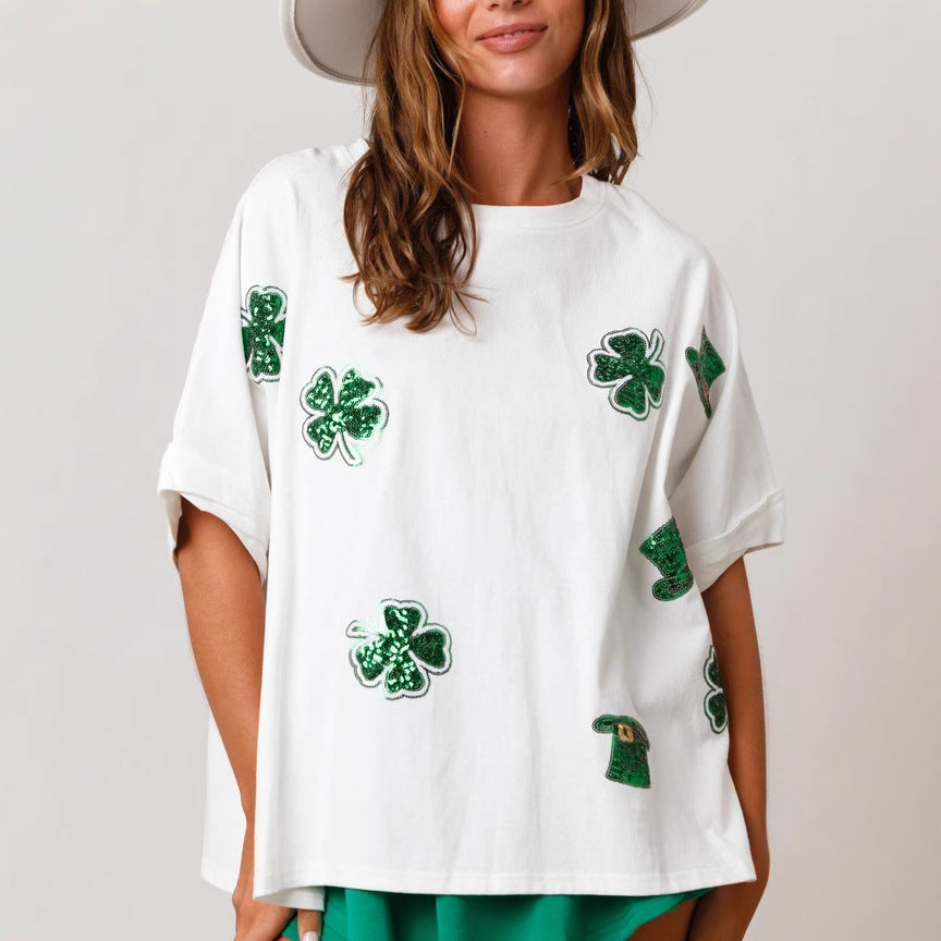 Spring St Patrick Sequined Top Loose T shirt Women