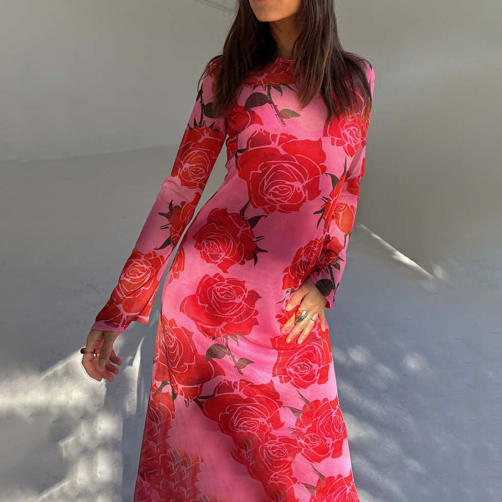 Sexy See through Mesh Floral Print Dress Lazy Casual Wild Dress