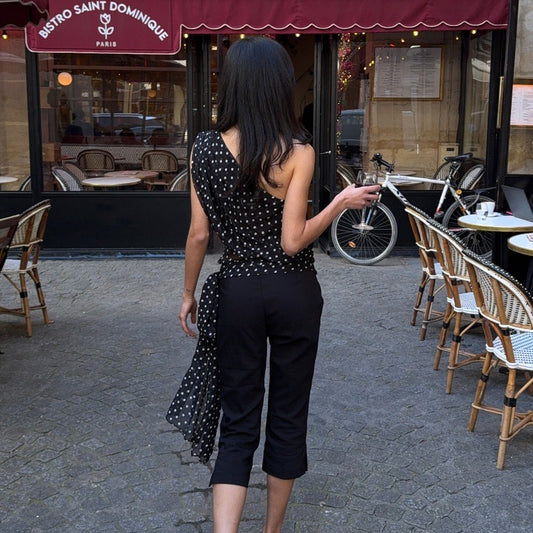 Women Clothing Summer Sexy Diagonal Collar Polka Dot Chiffon See through Irregular Asymmetric Top Women