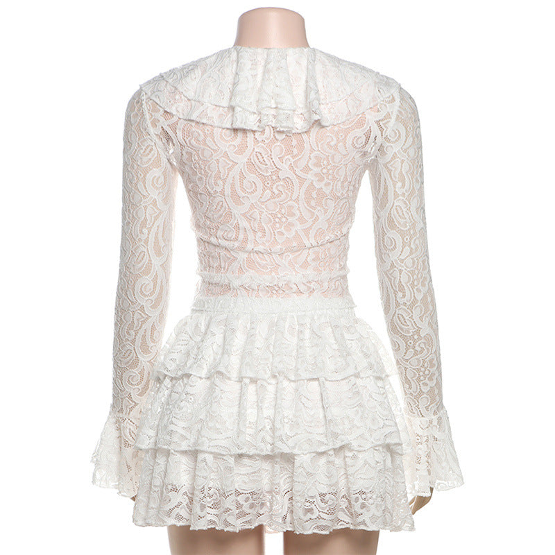 Women Clothing Autumn Slim Fit Sexy Flare Sleeve Ruffled Long Sleeve Lace Hollow Out Cutout out Skirt Two Piece Sets