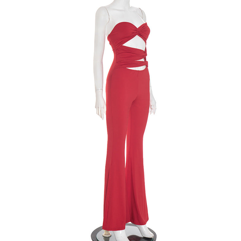 Women Clothing Autumn Solid Color Strapless Sleeveless Slim Hollow Out Cutout Backless Twisted Knot Jumpsuit