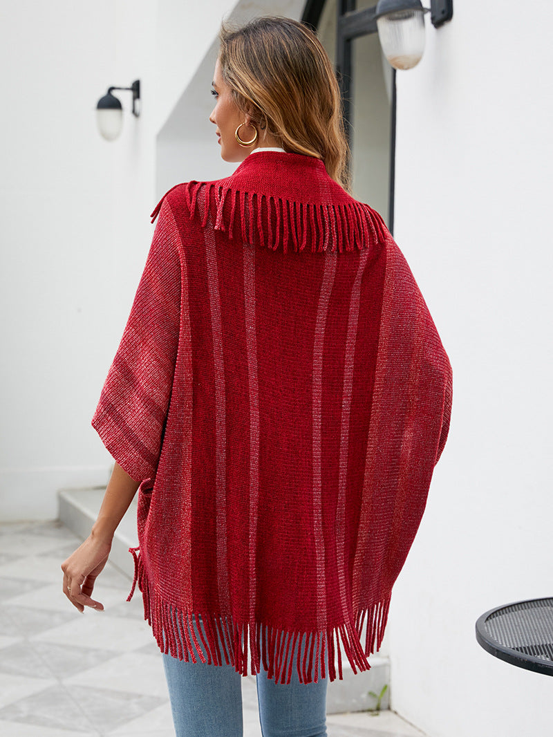 Tassel Inverness Women Autumn Winter Knitted Striped Cloak Women