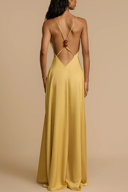 Summer Sexy Backless V neck Satin Maxi Dress Women