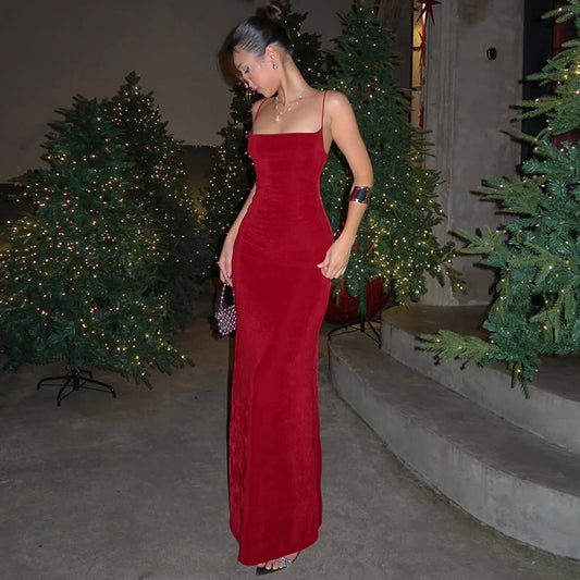 Women Clothing Summer Elegant Slim Waist Sexy Backless Spaghetti Straps Dress
