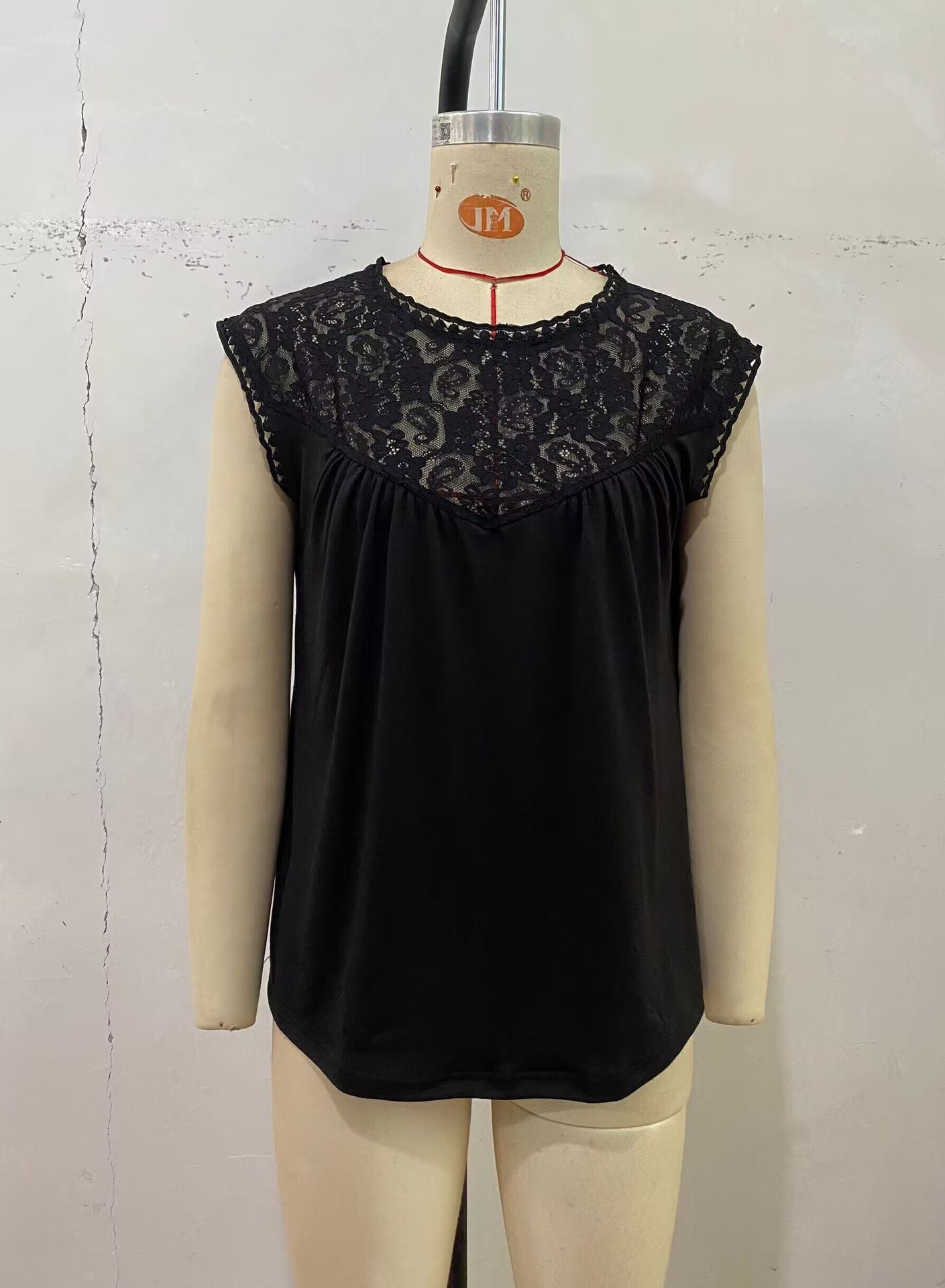 Summer Sleeveless Lace round Neck Solid Color Simple Elegant Women Clothing Top