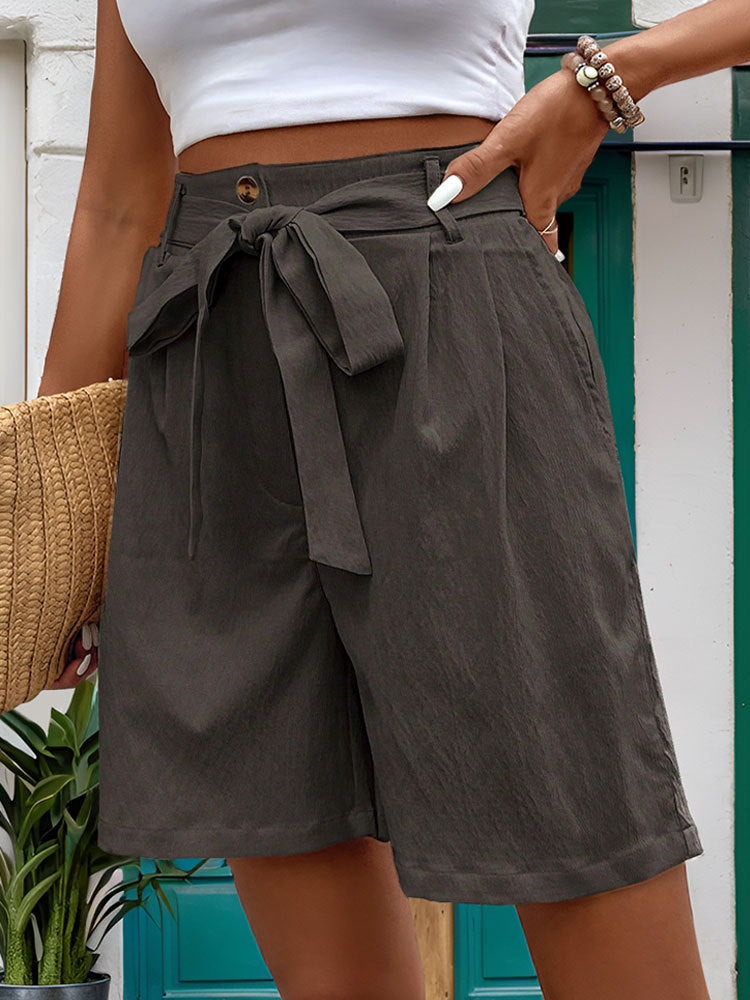 Women Clothes Casual Pants Women Tied Elastic Waist Solid Color Fifth Pants Office Wide Leg Shorts