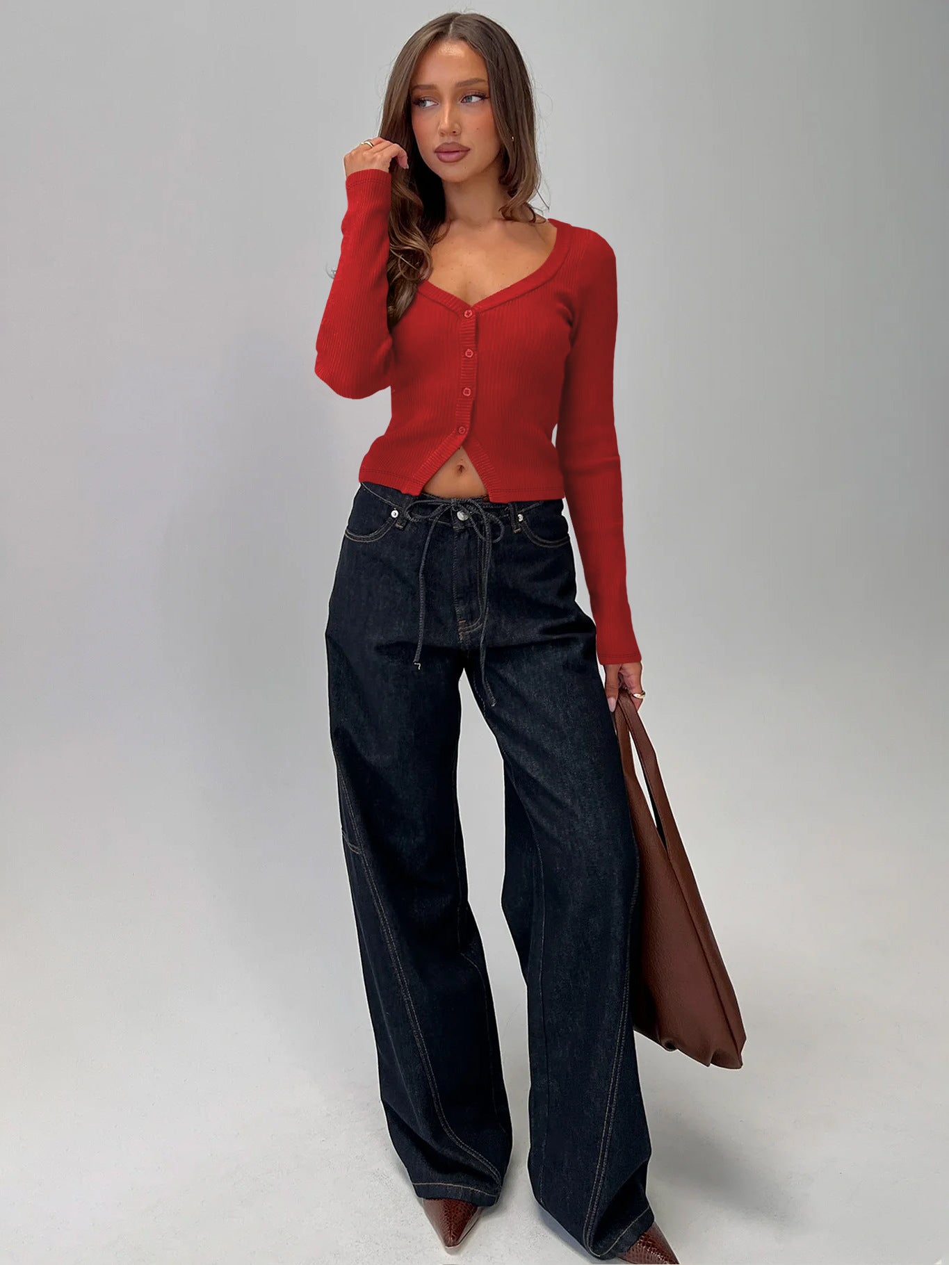 Women Fall Winter V neck Long Sleeve Ribbed Button Cardigan Slim Fit