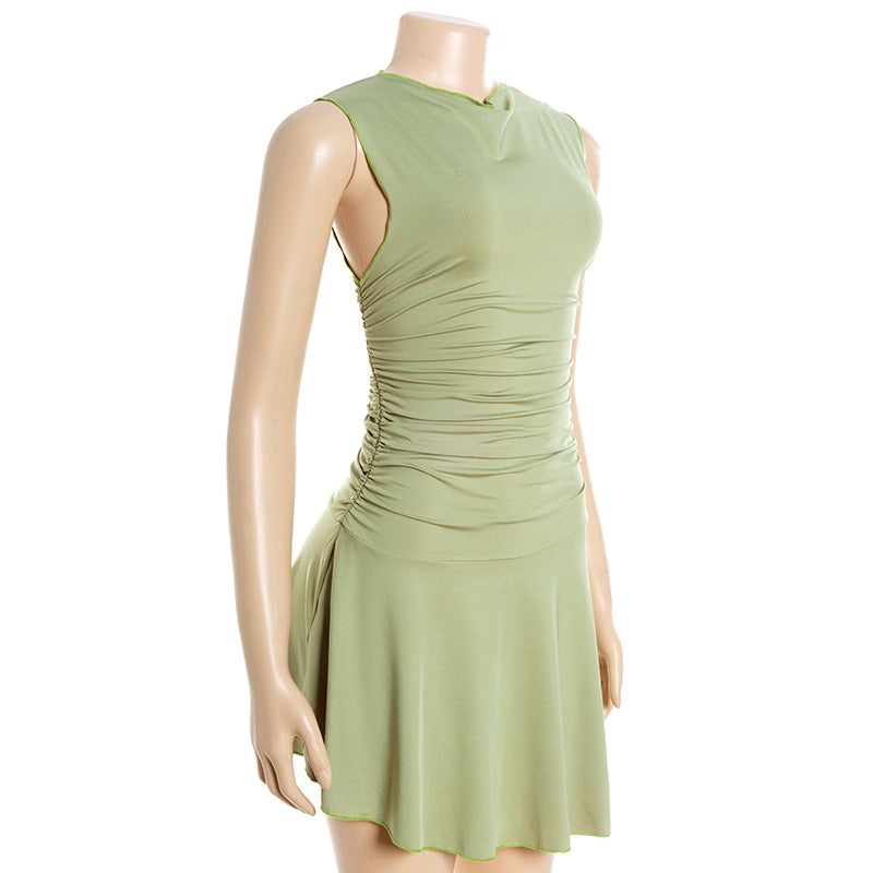 Round Neck Pullover Sleeveless Slim Fit Pleating Short Irregular Asymmetric Solid Color Dress