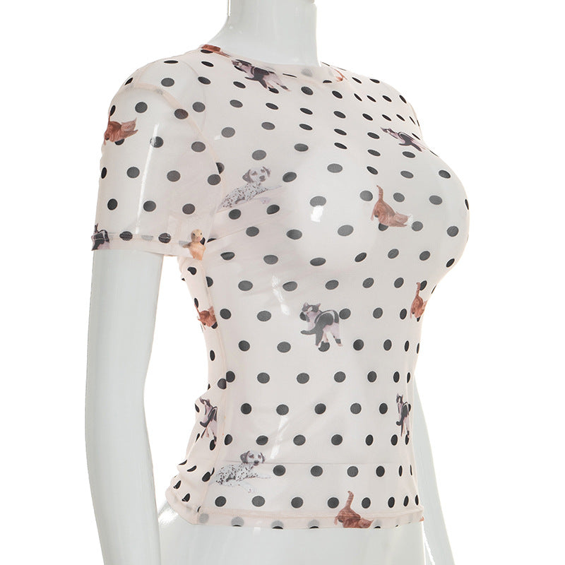 Spring Summer Women Clothing Animal Polka Dot Printed Waist Controlled Short Sleeve Top T shirt