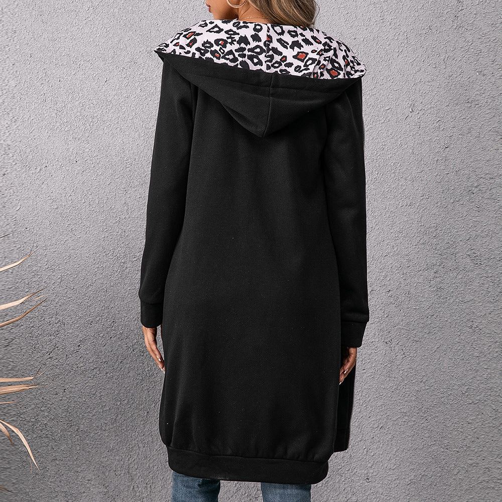 Loose Casual Leopard Print Colorblock Mid Length Hooded Sweatshirt Cardigan Top Women