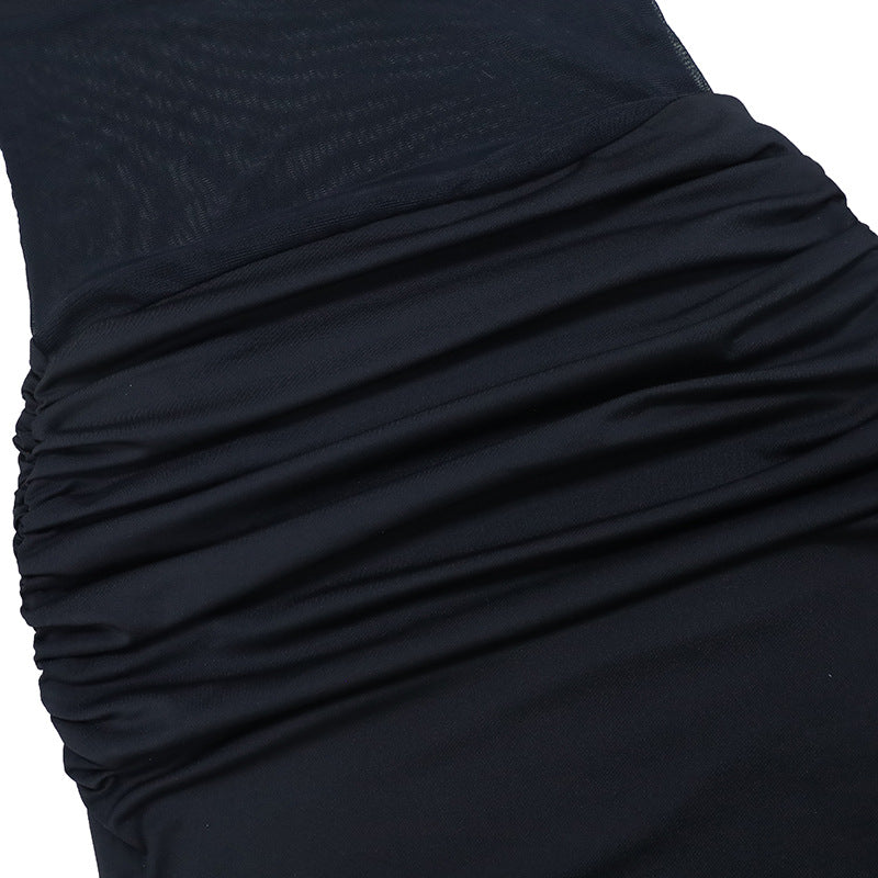 Women Clothing Summer Irregular Asymmetric Shoulder Wrapped Chest Slim Mesh Stitched Backless Niche Dress