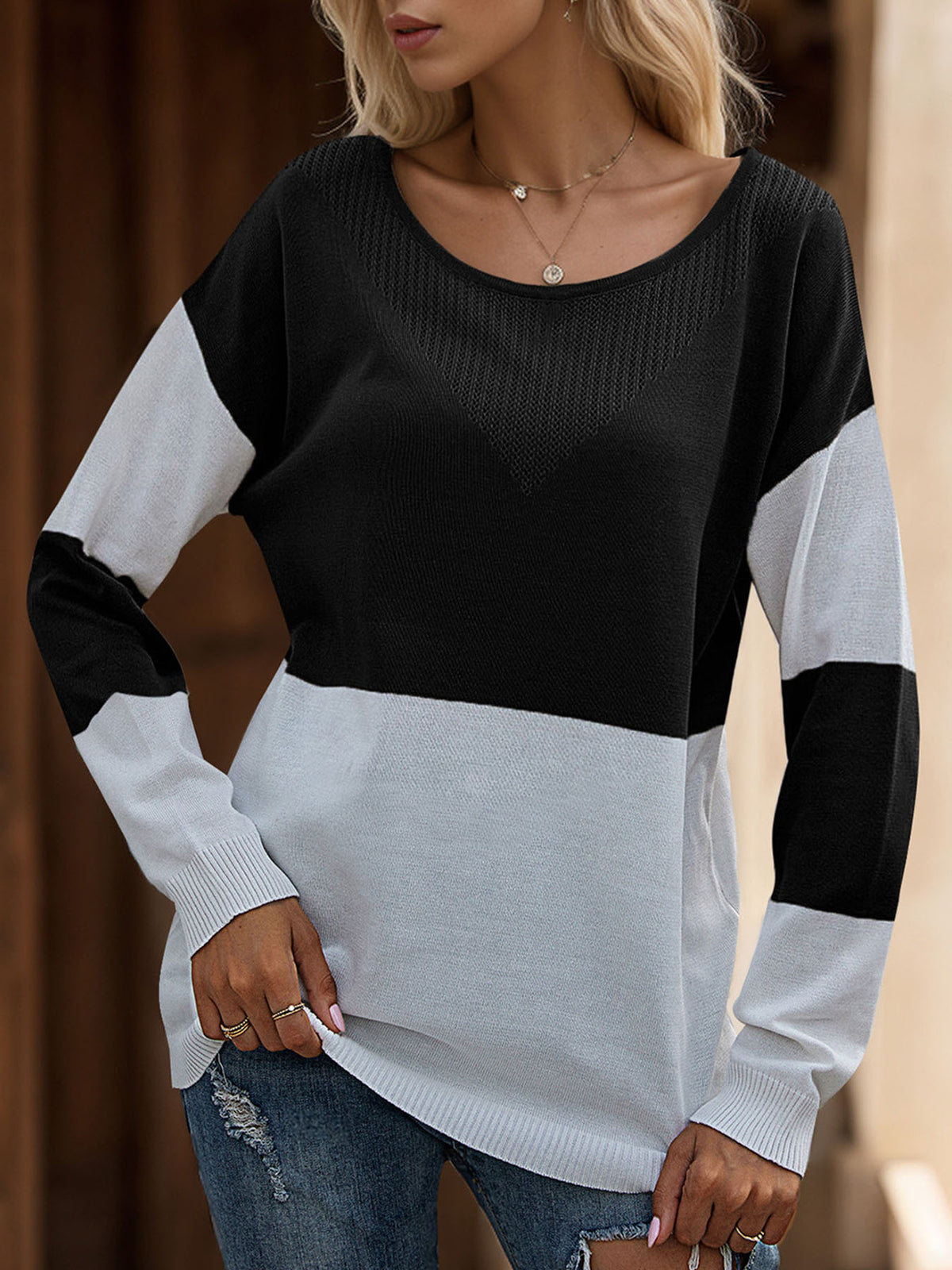 Loose Round Neck Base See through Mesh Knitted Sweater Women Casual Autumn