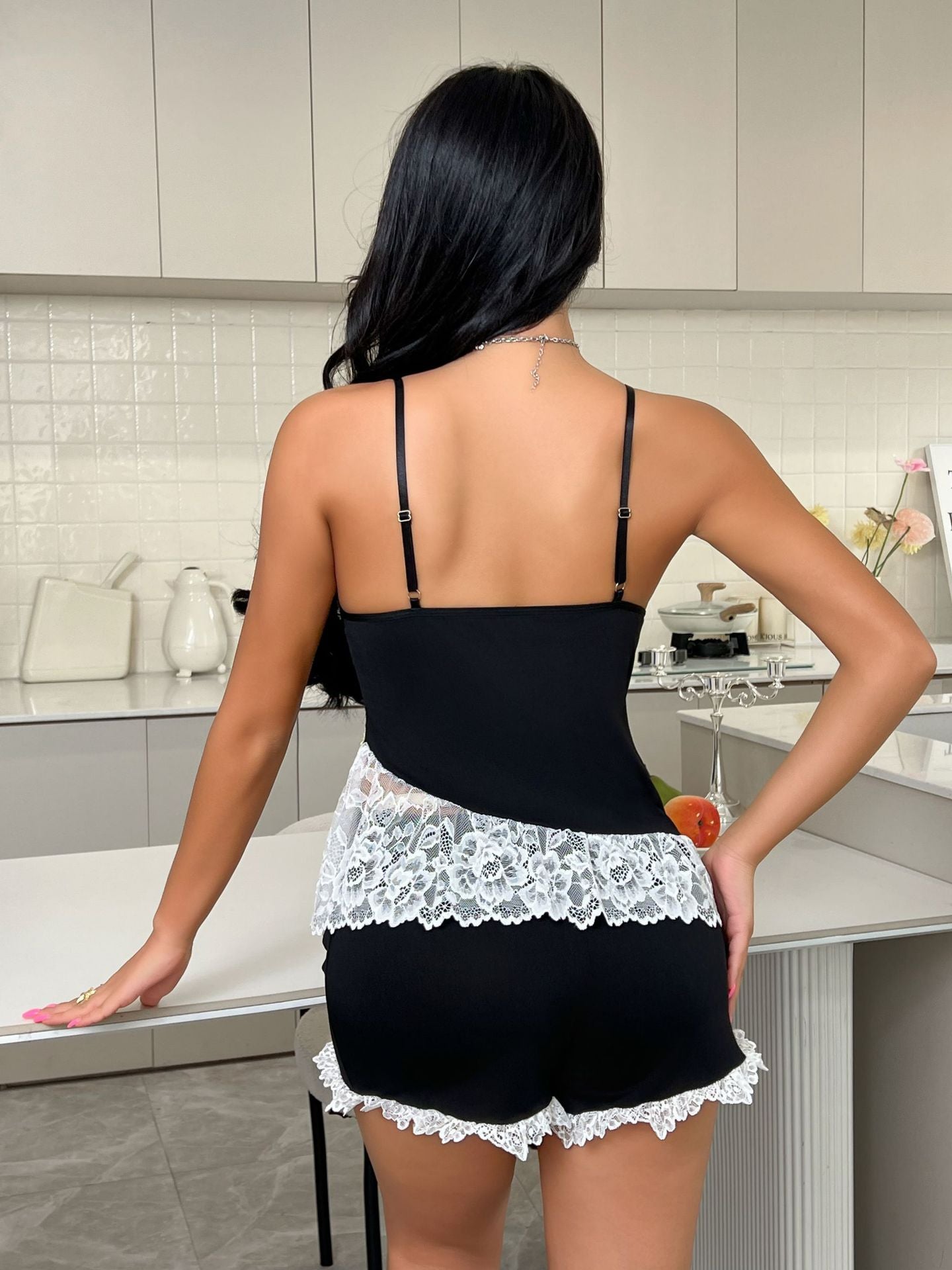 Suspenders Pajama Shorts V neck Lace Stitching Sexy Homewear Two Piece Sets Sexy Sleepwear