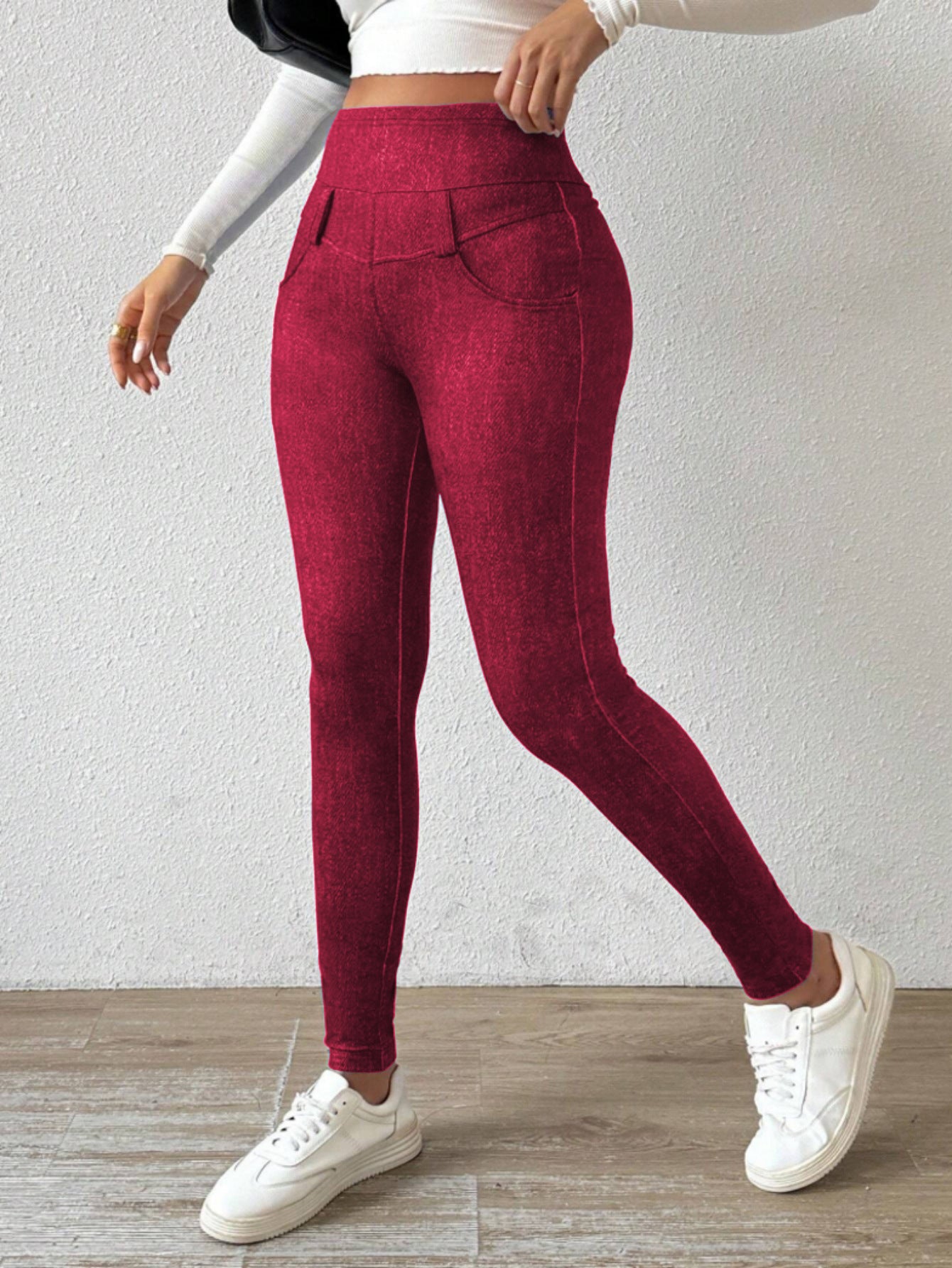 Artificial Denim Casual Pants Women High Waist Slimming Fleece Lined Padded Warm Keeping Hip Lifting with Pocket Commuting