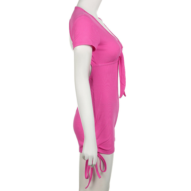 Summer Backless Drawstring Strap Sports Short Sleeved Jumpsuit Pleated Sexy Jumpsuit
