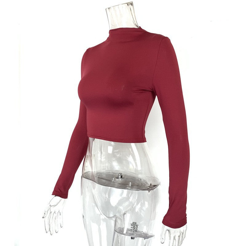 Winter Women Clothing Sexy Slim Fit Cropped Half Turtleneck Short Long Sleeve Top