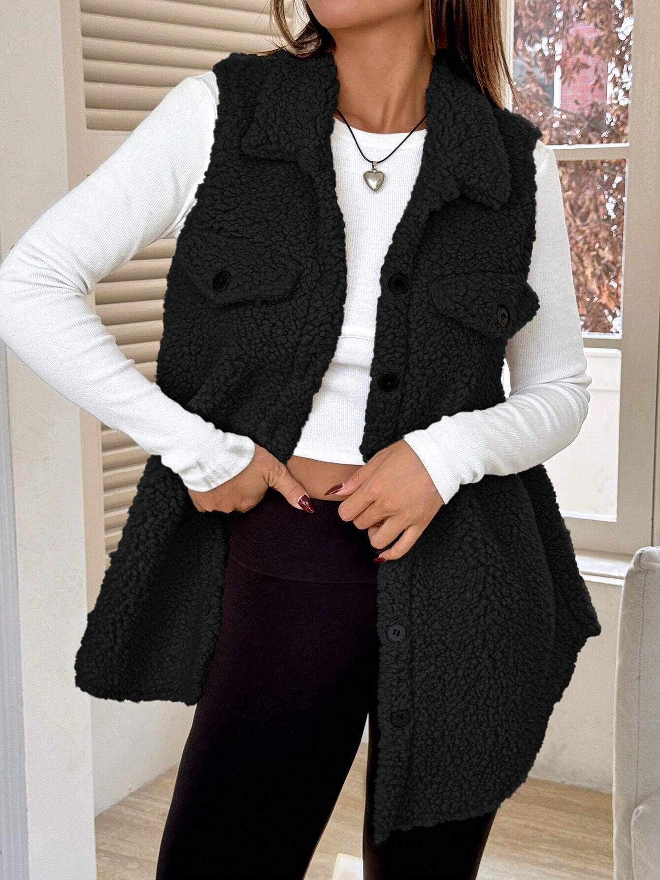 Fall Winter Lapels Open Buckle Plush Vest Cardigan Loose Office Faux Cashmere Women