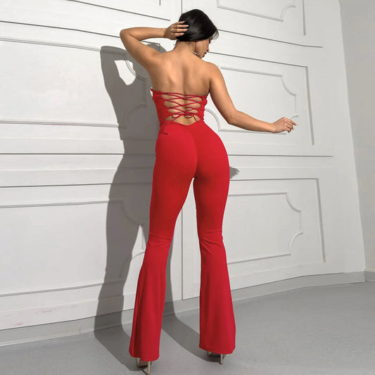 Women Spring Summer Tube Top Backless Lace up Cutout Solid Color Sheath Slightly Flared Jumpsuit